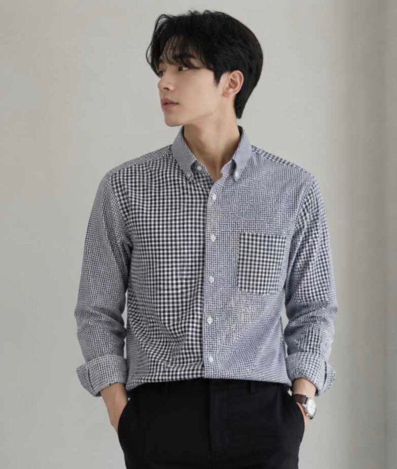 Men's Patchwork Gingham Button-Down Shirt