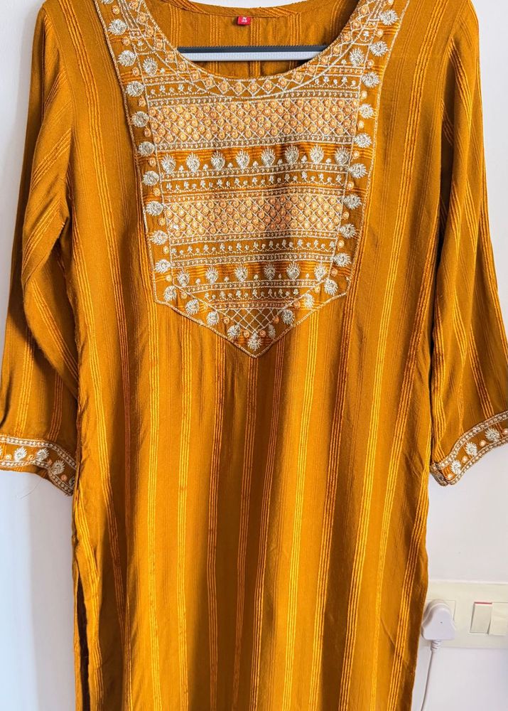 Elegant Embroidered Mustard Kurta