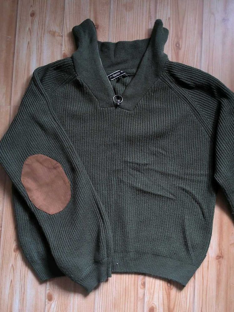 Green Ribbed Knit Sweater with Suede Patches