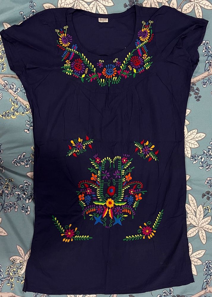 Navy Embroidered Kurta Top