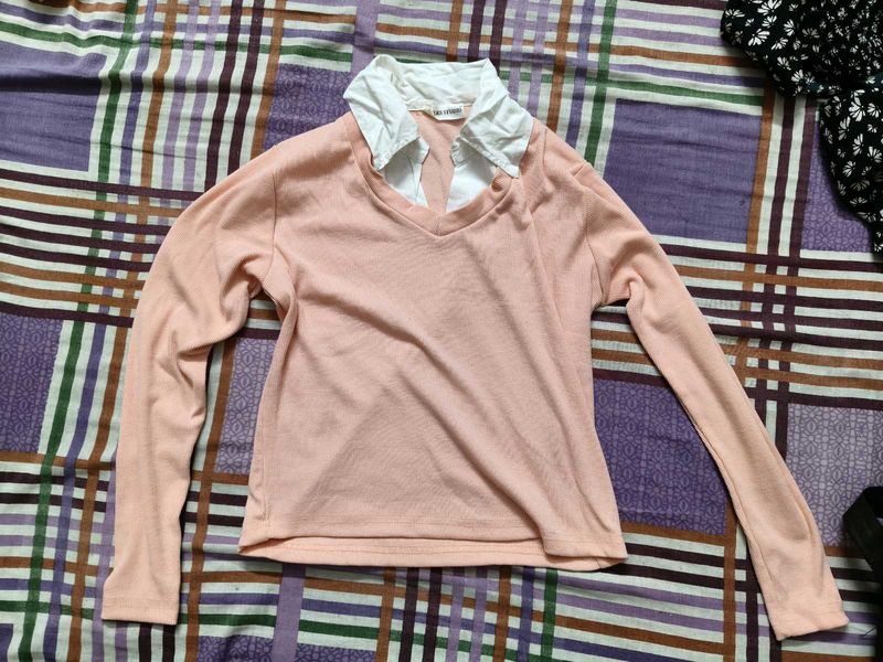 Peach V-Neck Long Sleeve Top with Collar