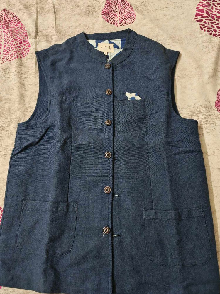 Blue Ethnic Sleeveless Nehru Jacket