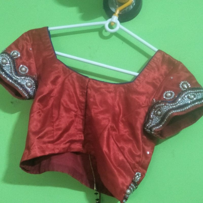 Red Color Blouse With Silver Work