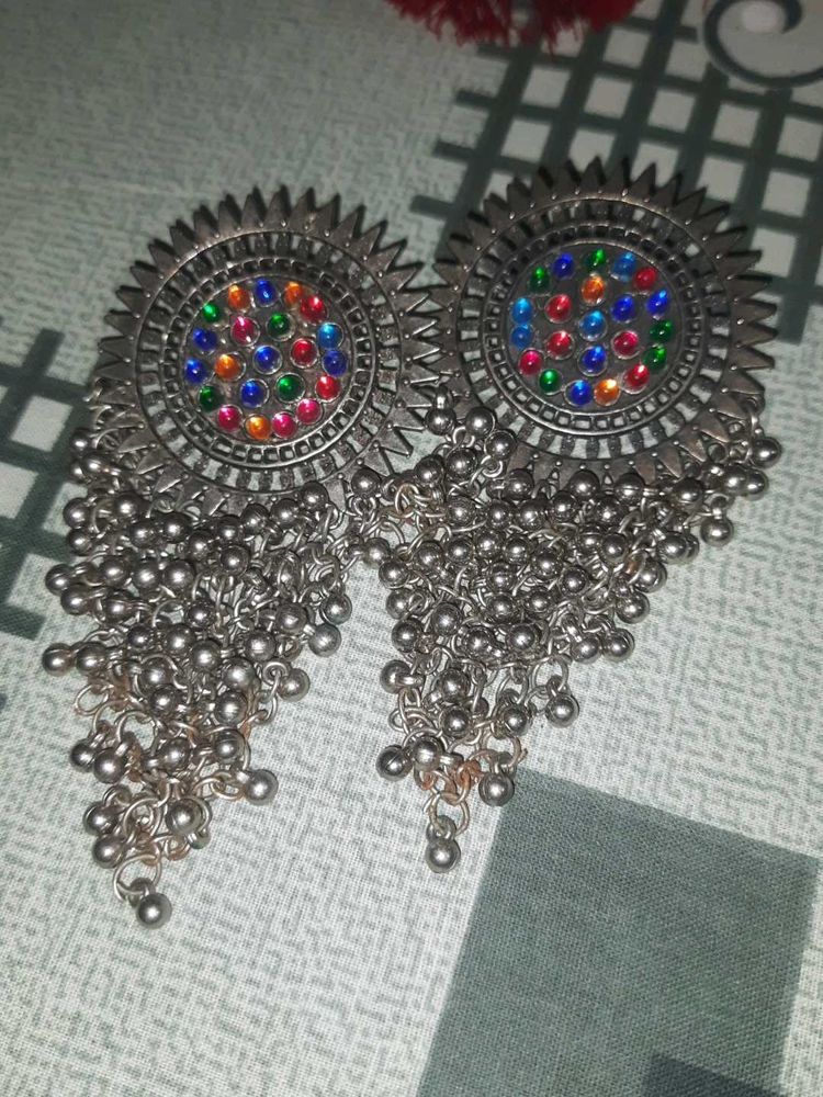 Oxidized Jhumka Earrings with Colorful Stones
