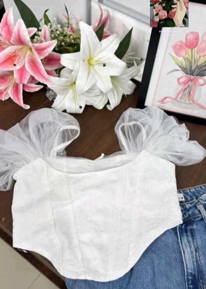 White Sheer Sleeve Corset Top