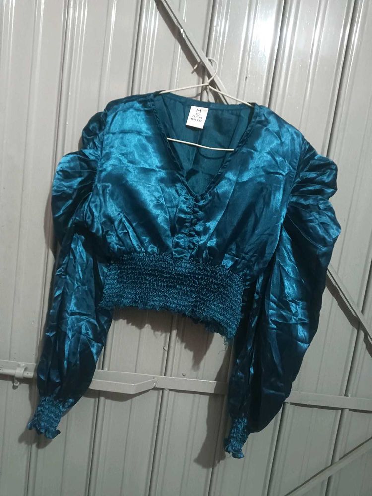 Teal Satin Puff Sleeve Top