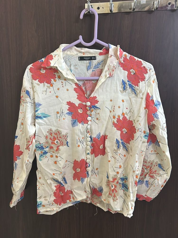 Mango Basics Flower Printed Cream Top
