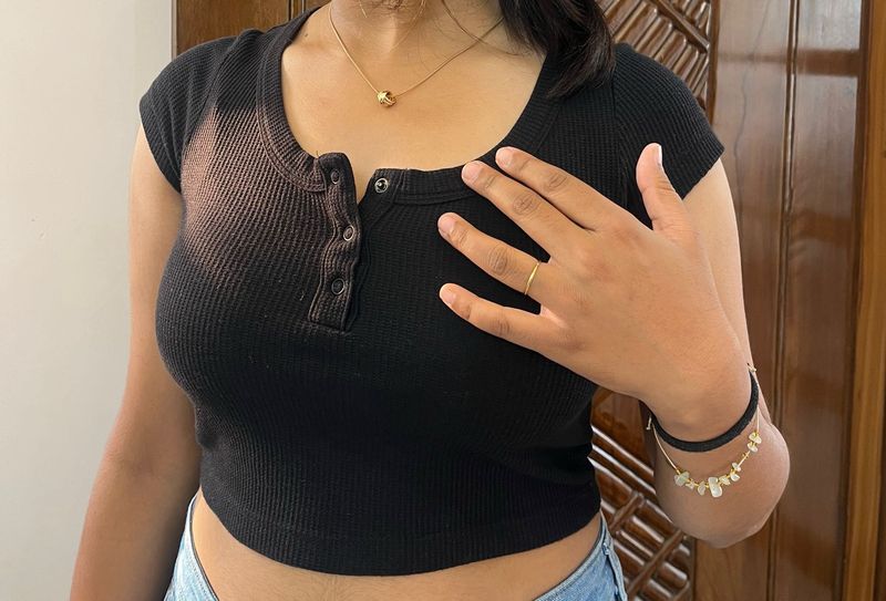 Ribbed Black Cropped Henley Top