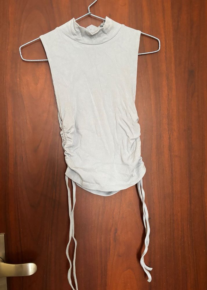 Sleek Grey Ruched Mock Neck Top