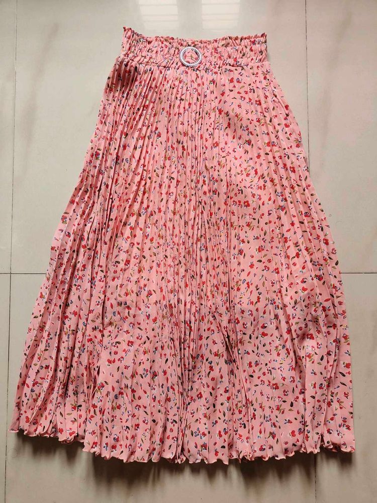 Pink Floral Pleated Midi Skirt