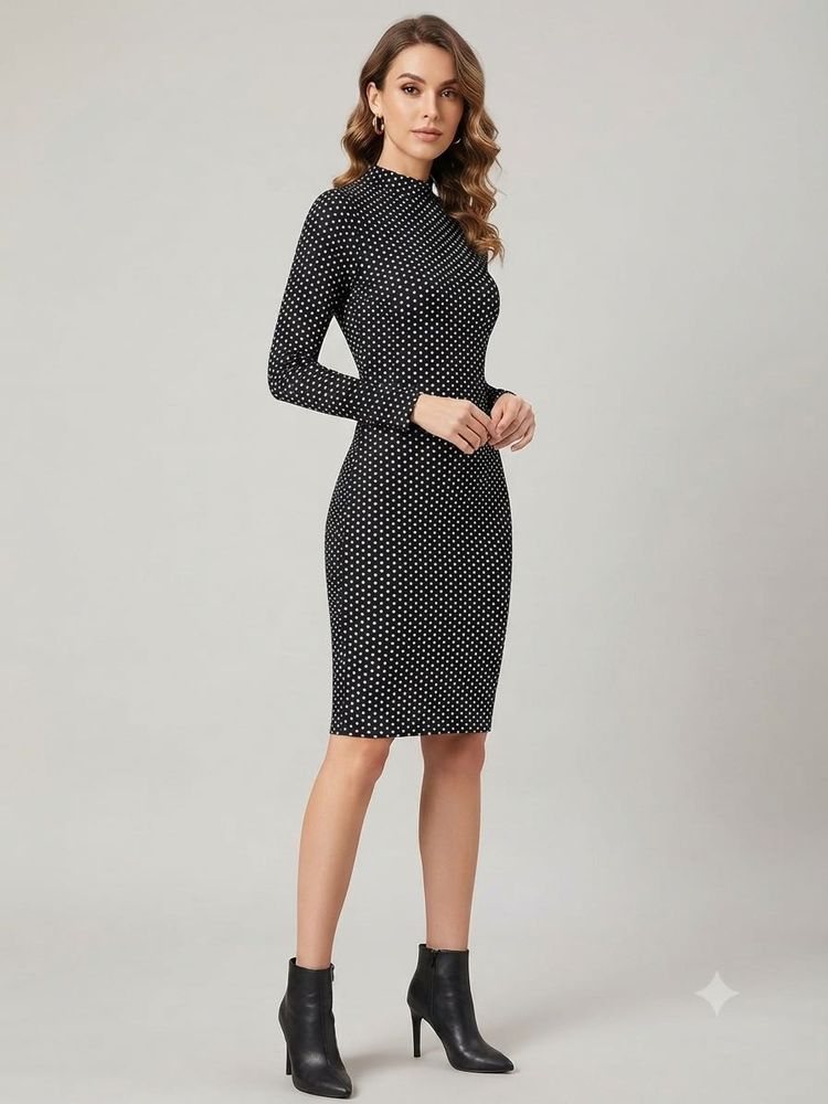 Black &amp; White Polka Dot Print Bodycon Midi Dress