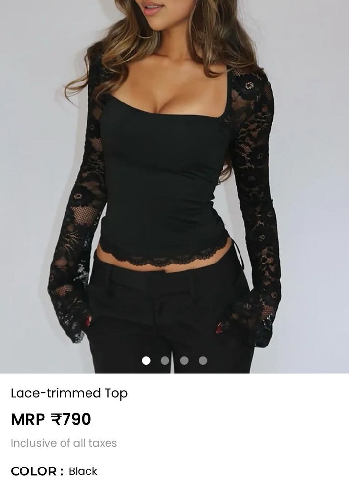 Black Lace Trimmed Long Sleeve Top