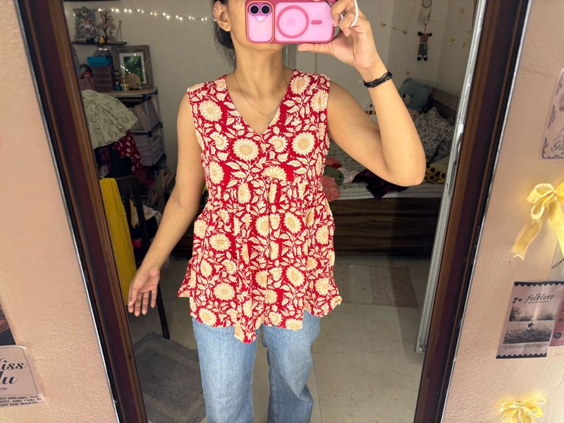 Red Floral Sleeveless Peplum Top