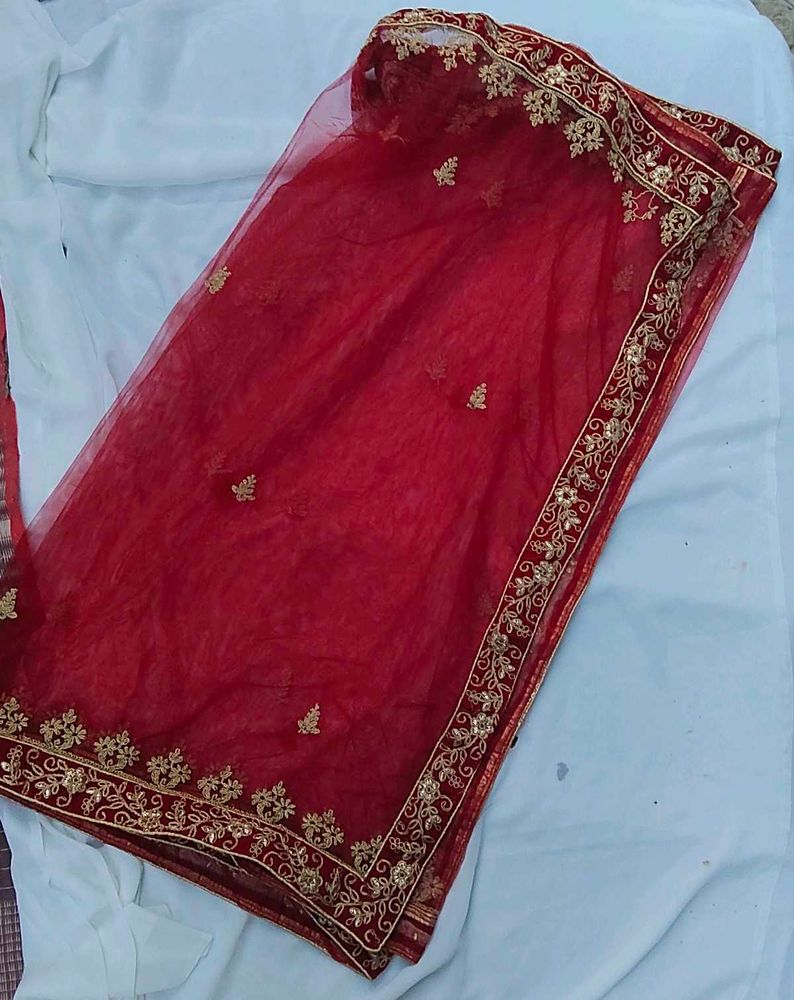 Bridal Red Embroidered Net Dupatta