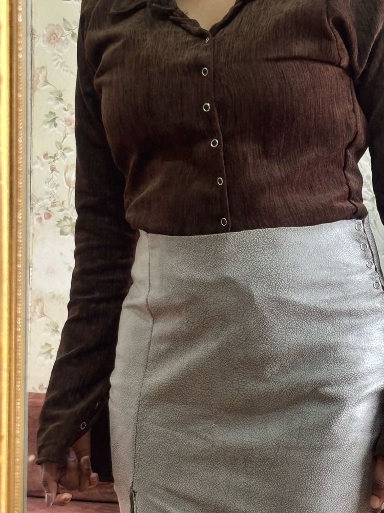 Brown Corduroy Button-Up Top with beautiful skirt