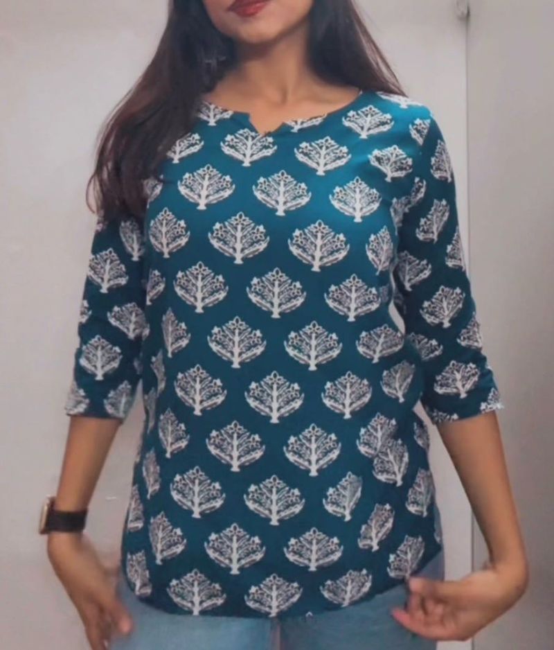 Stylish Teal Kurta with White Print