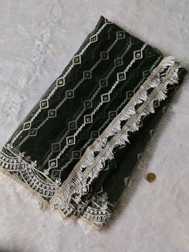 Embroidered Net Dark green dupatta
