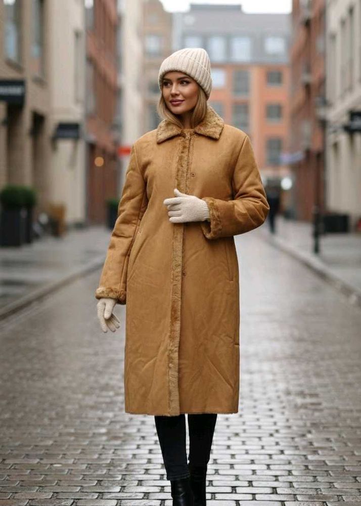 Brown suede..inside Faux Fur Trim Coat