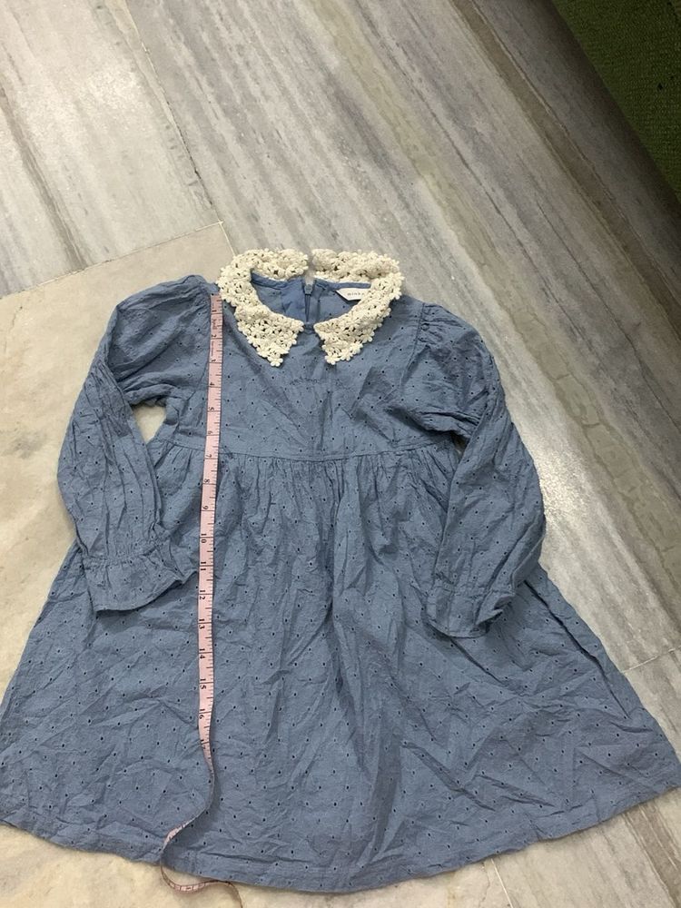 Blue Broderie Anglaise Dress with Lace Collar