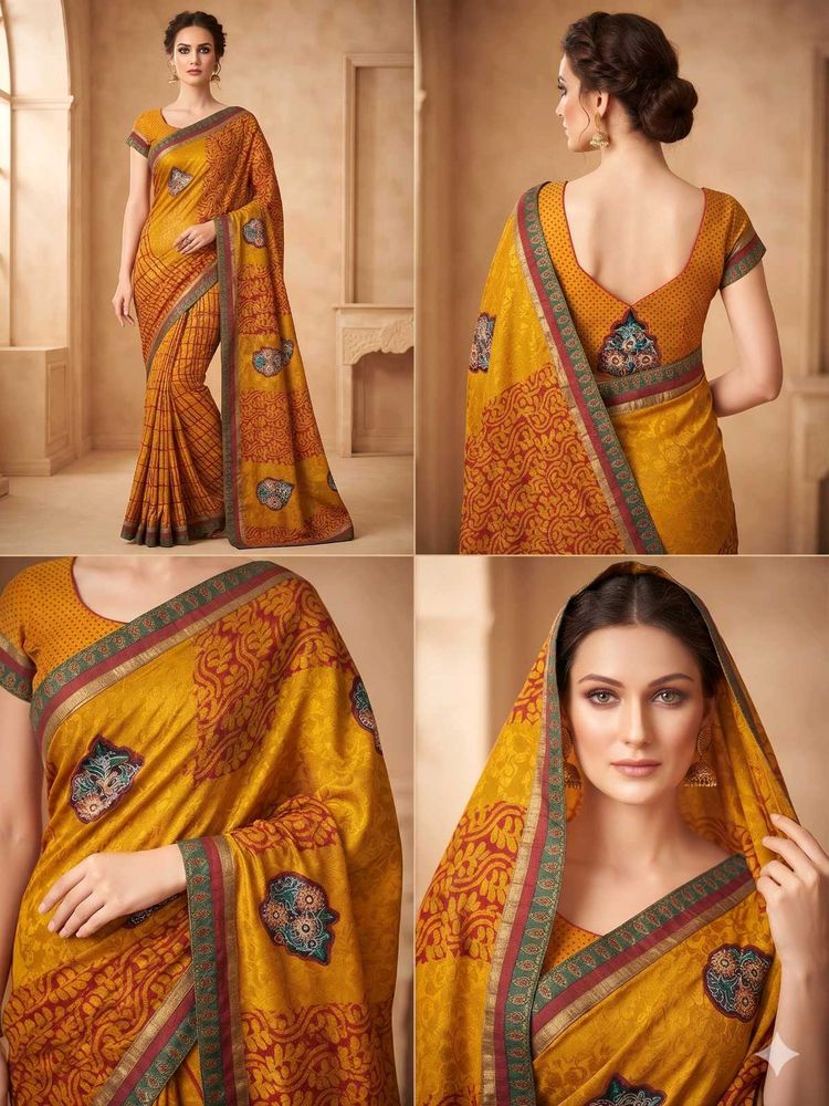 Mustard Yellow Festive Saree with Stitched Blouse