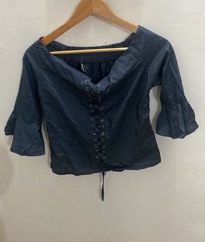 Blue Off-Shoulder Bell Sleeve Top
