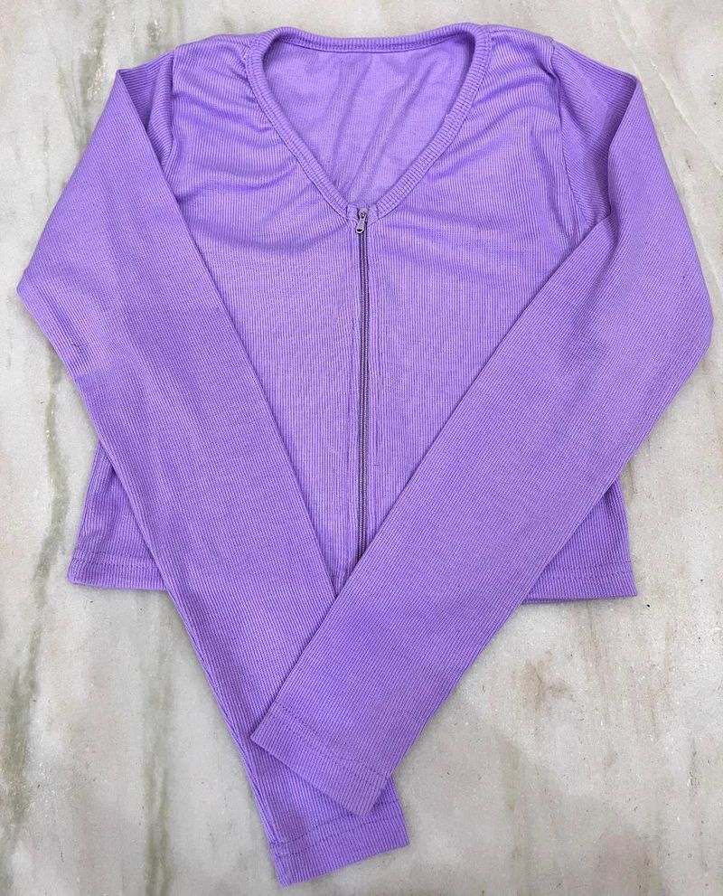 trendy full sleeves lavender crop top with v-neck.