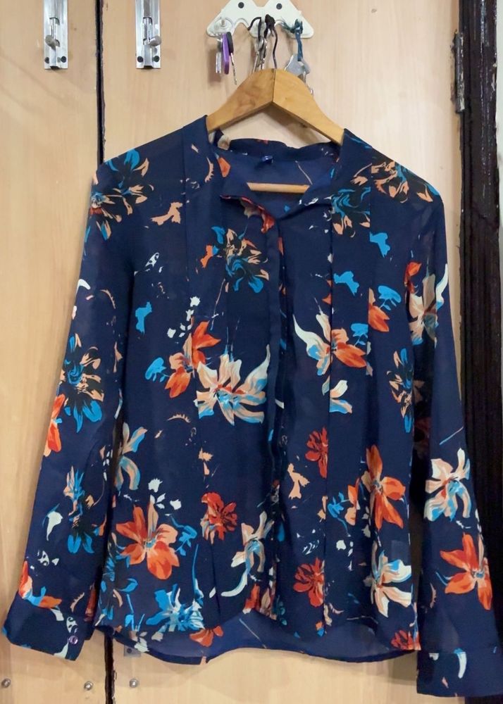 Navy Blue Floral Print Long Sleeve Top