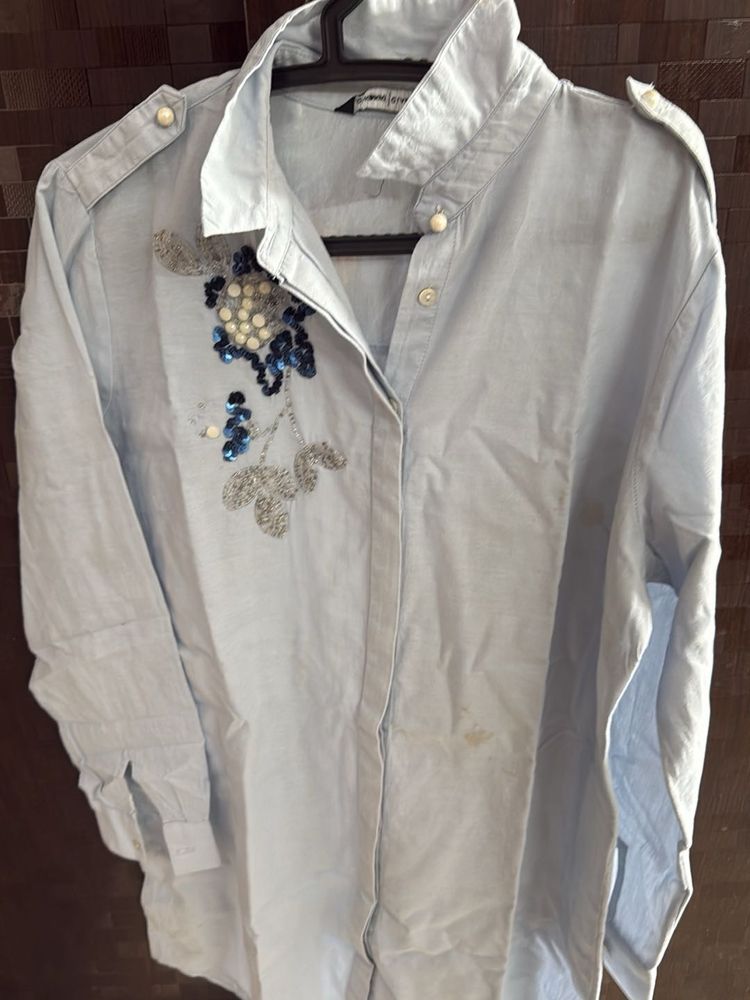 Stylish Light Blue Embellished Shirt