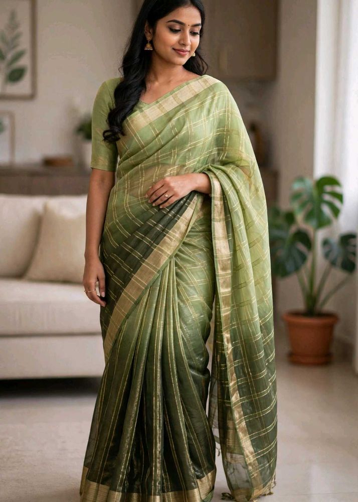 Elegant Green jari Checked Saree