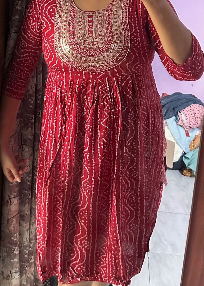Red Printed Kurta with Embroidery