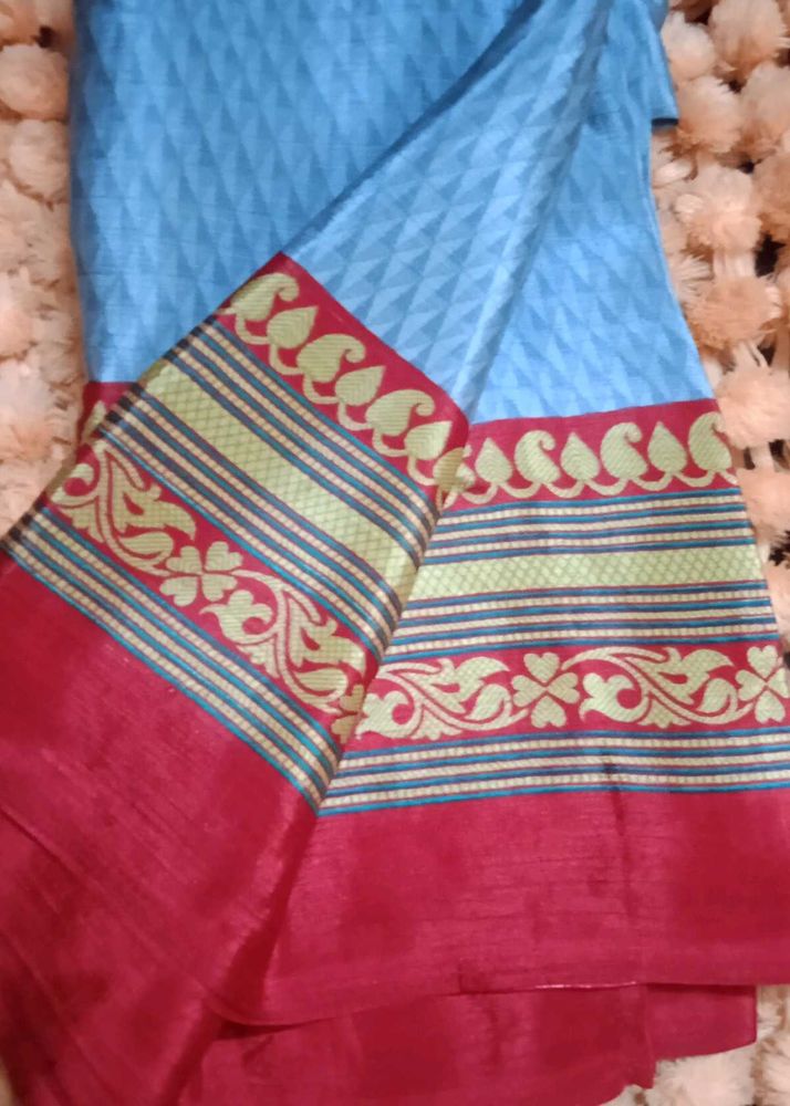 grey Saree with Red Border