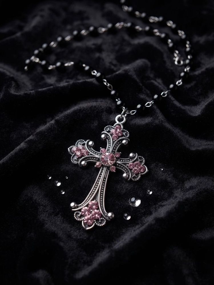 Gothic Cross Necklace with Pink Crystals