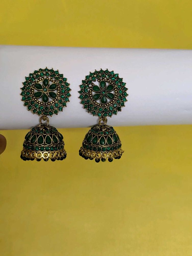 Emerald Green Jhumka Earrings | Antique Gold