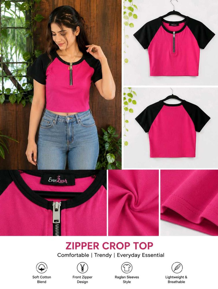 Pink &amp; Black Zipper Crop Top