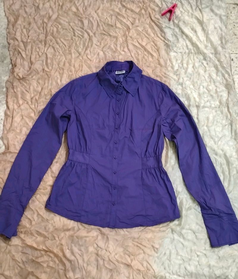 Purple Cinched-Waist Button-Down