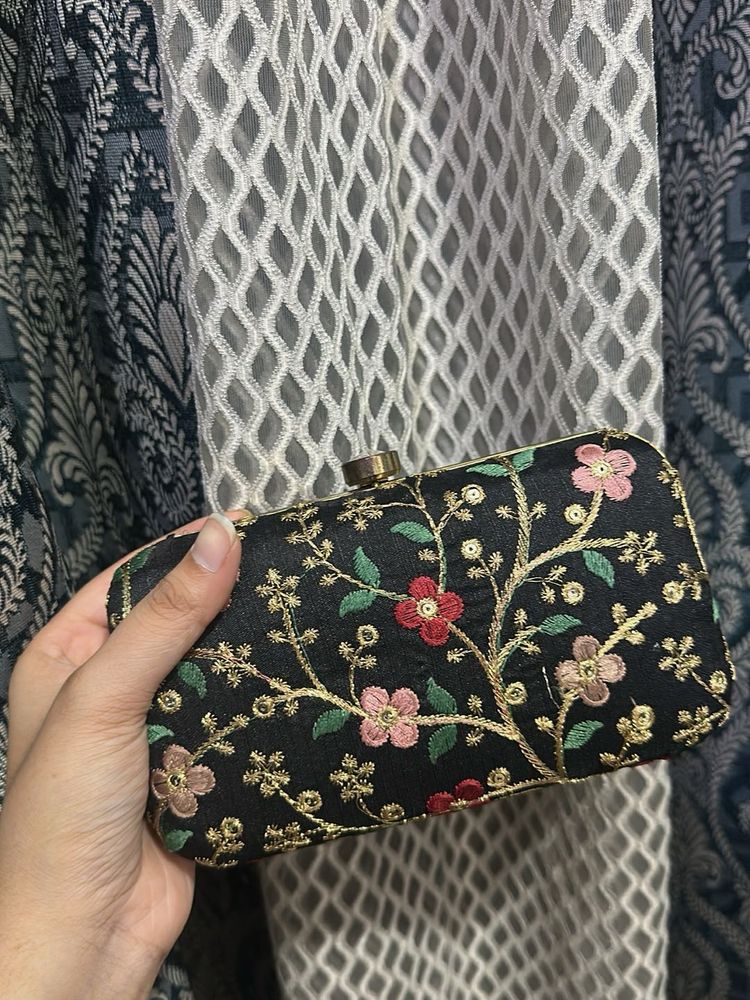 Embroidered Black Clutch