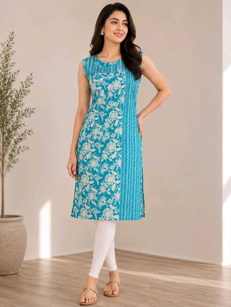 Teal Floral Print Sleeveless Kurta