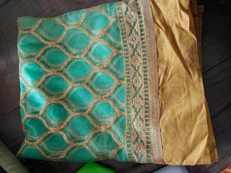 Duppata festive sea green golden colour