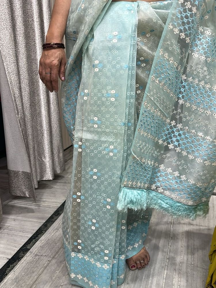 Organza Sequined Saree &amp; Mustard Sweater