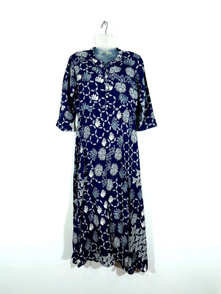 Navy Blue Printed  A Line Long Kurta Women's