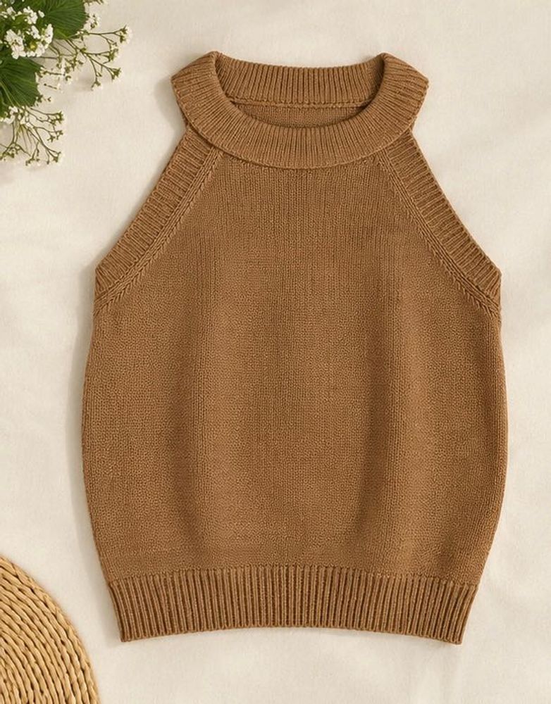 Brown Knit Sleeveless Top