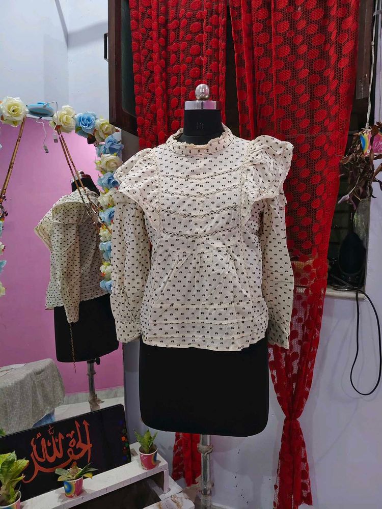 Cream Blouse with Black Polka Dots