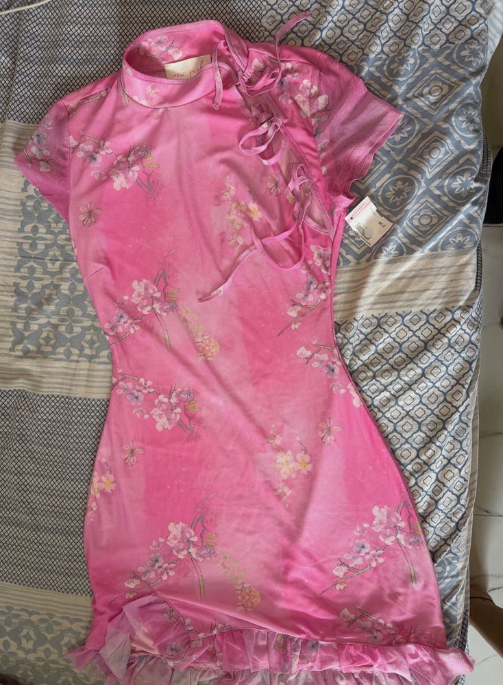 chinese Sheer Pink Floral Print Mini Dress