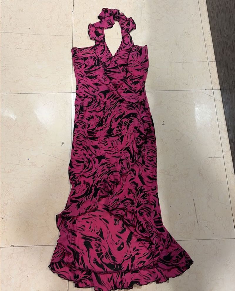 Vibrant Pink Swirl Print Halter Dress