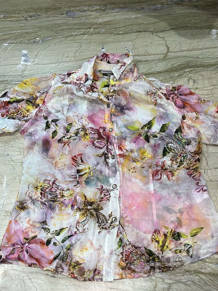 Floral Print Sheer Button-Up Shirt