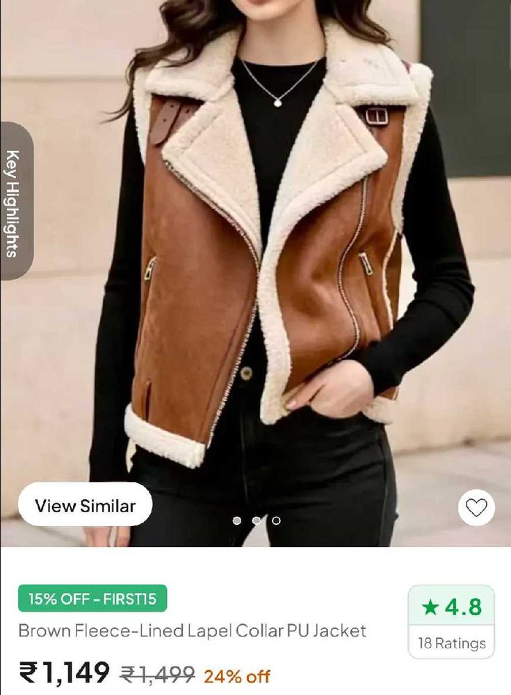 Brown fleece lined lapel collor pu jacket