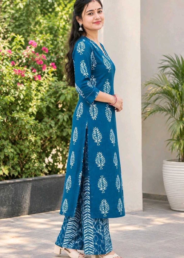 Teal Blue Printed Kurta with Palazzo Set