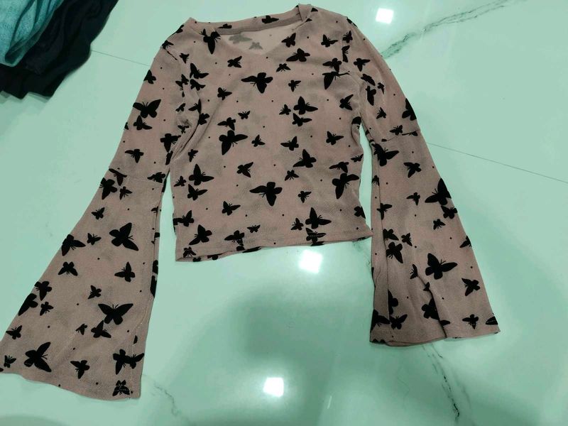 Sheer Butterfly Print Bell Sleeve Top