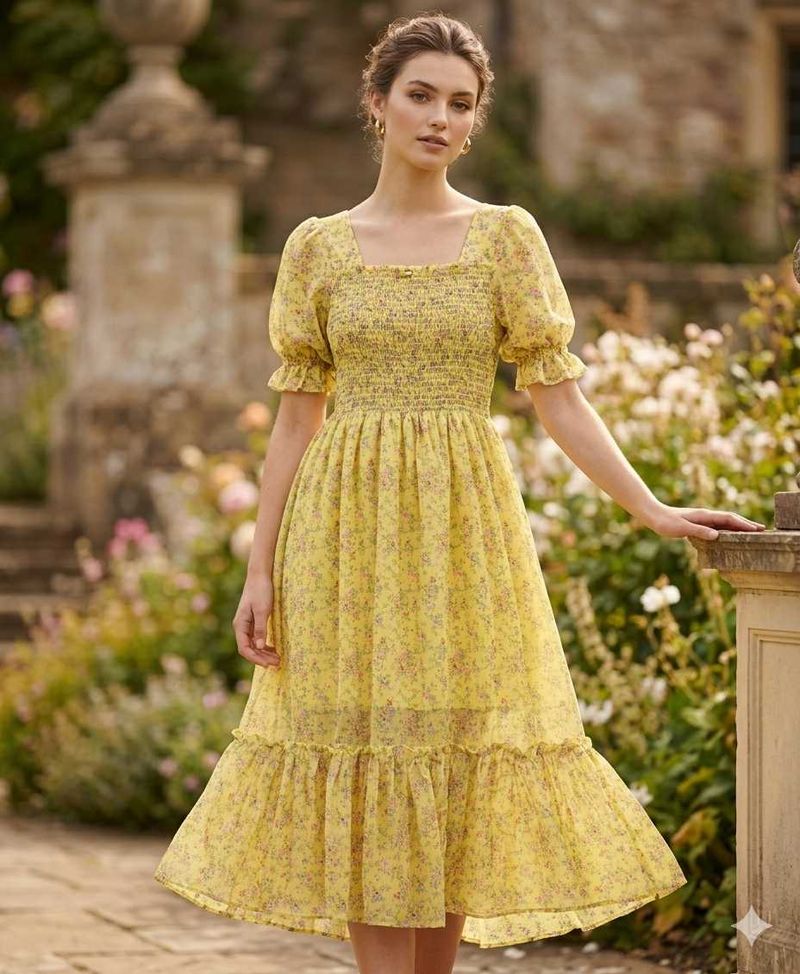 Charming Yellow Floral Midi Dress