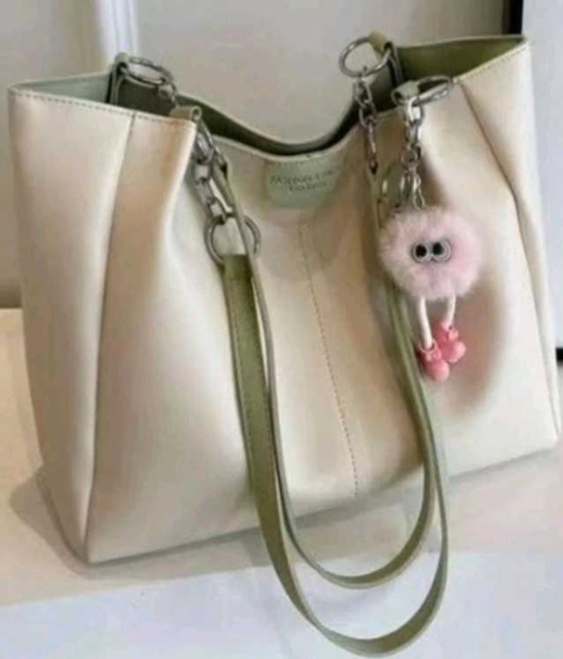 Chic Cream Shoulder Bag with Fun Keychain